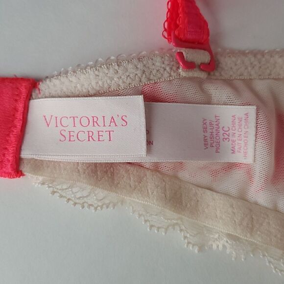 Victoria's Secret Very Sexy Push-Up Lace Bra Bright Pink Off White Floral 32C - Picture 8 of 9